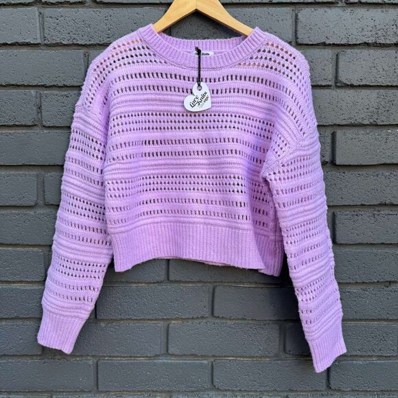Love Knits NYC Open Knit Lavender Cropped Ribbed Sweater Sweatshirt L Women Cozy - Picture 1 of 9